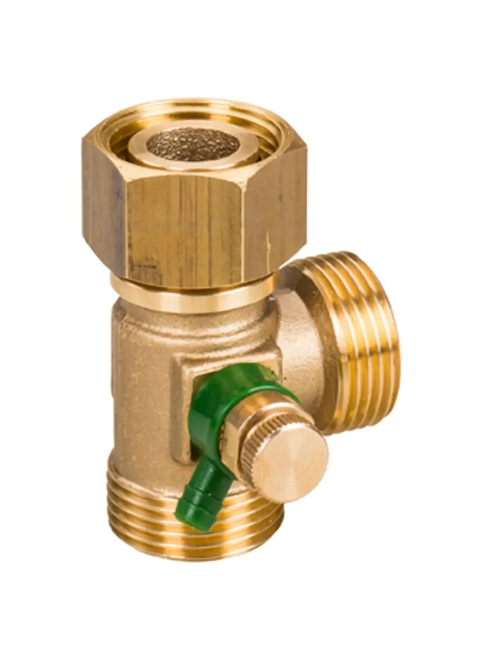 Weichwasserabgang aus Messing mit zylindrischer Form und einem seitlichen Ventil. Das Produkt stammt von der Marke Grünbeck.